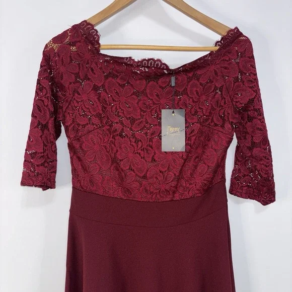 Missmay Burgundy Lace Fit Flare Cocktail Dress Stretch 3/4 Sleeve Sz L Midi - Picture 3 of 10
